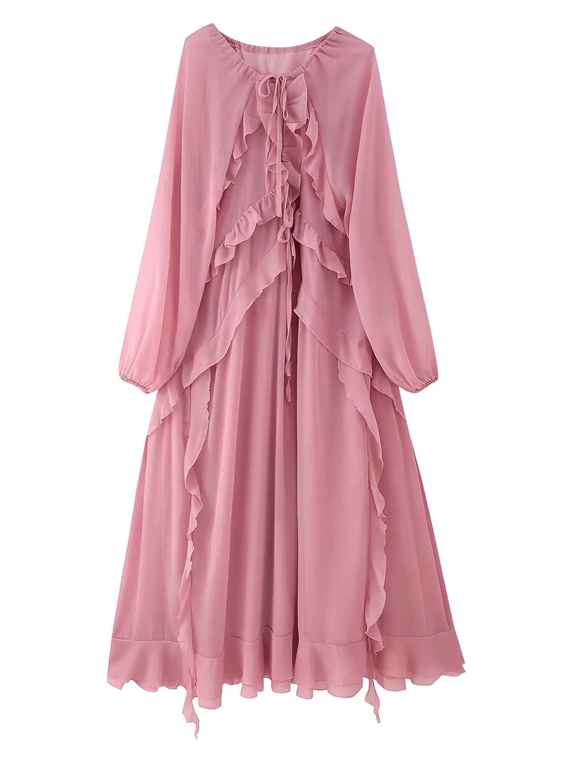 Vestido Longo em Chiffon com Babados Decote em V e Mangas Longas – Bele