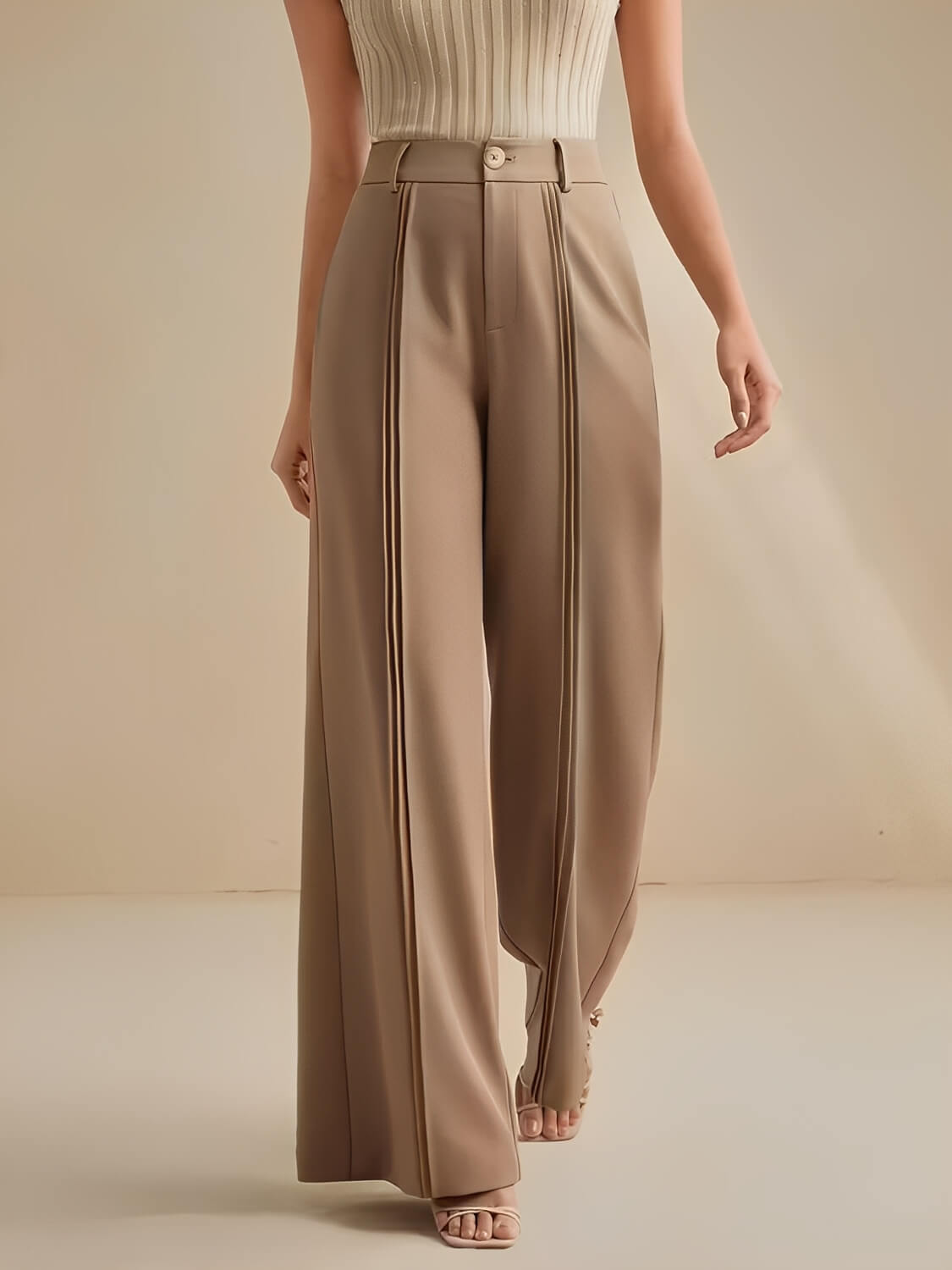 Calça Pantalona de Alfaiataria Cintura Alta com Pregas Verticais – Mila