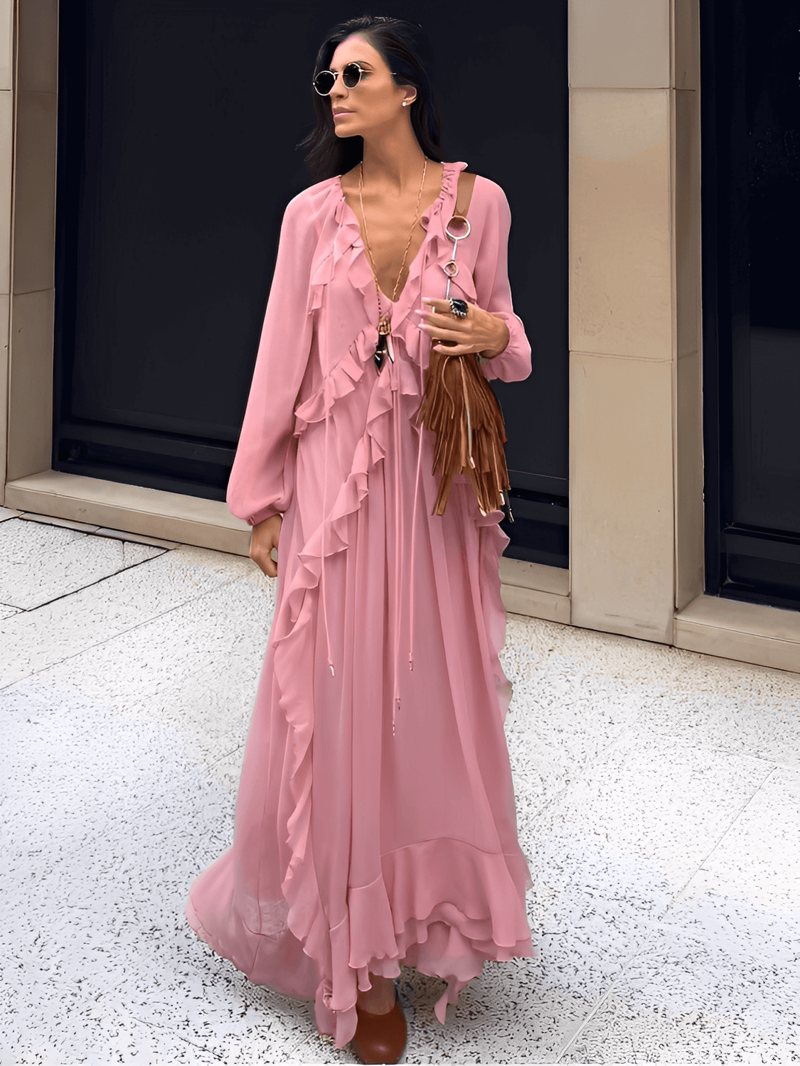 Vestido Longo em Chiffon com Babados Decote em V e Mangas Longas – Bele