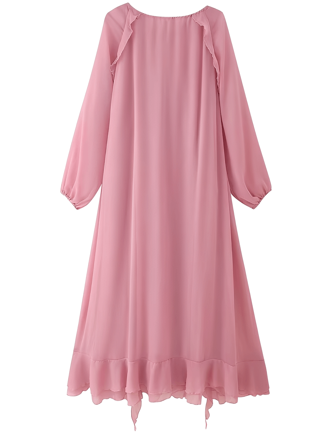 Vestido Longo em Chiffon com Babados Decote em V e Mangas Longas  – Bele