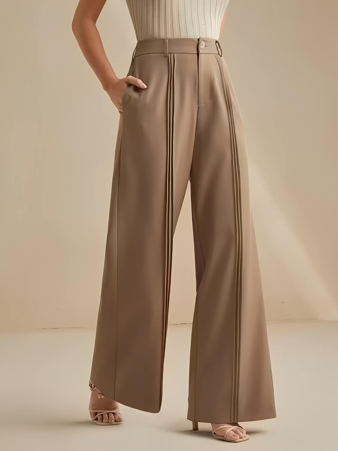 Calça Pantalona de Alfaiataria Cintura Alta com Pregas Verticais – Mila