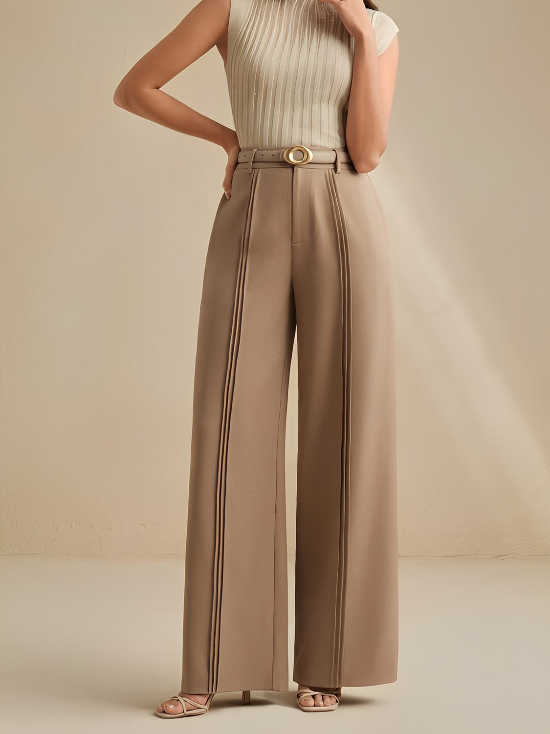 Calça Pantalona de Alfaiataria Cintura Alta com Pregas Verticais – Mila